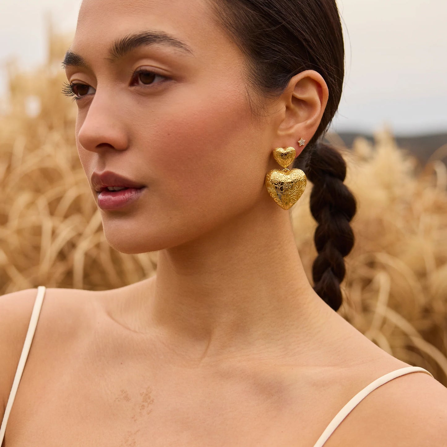 Golden Romance – Engraved Heart Statement Earrings