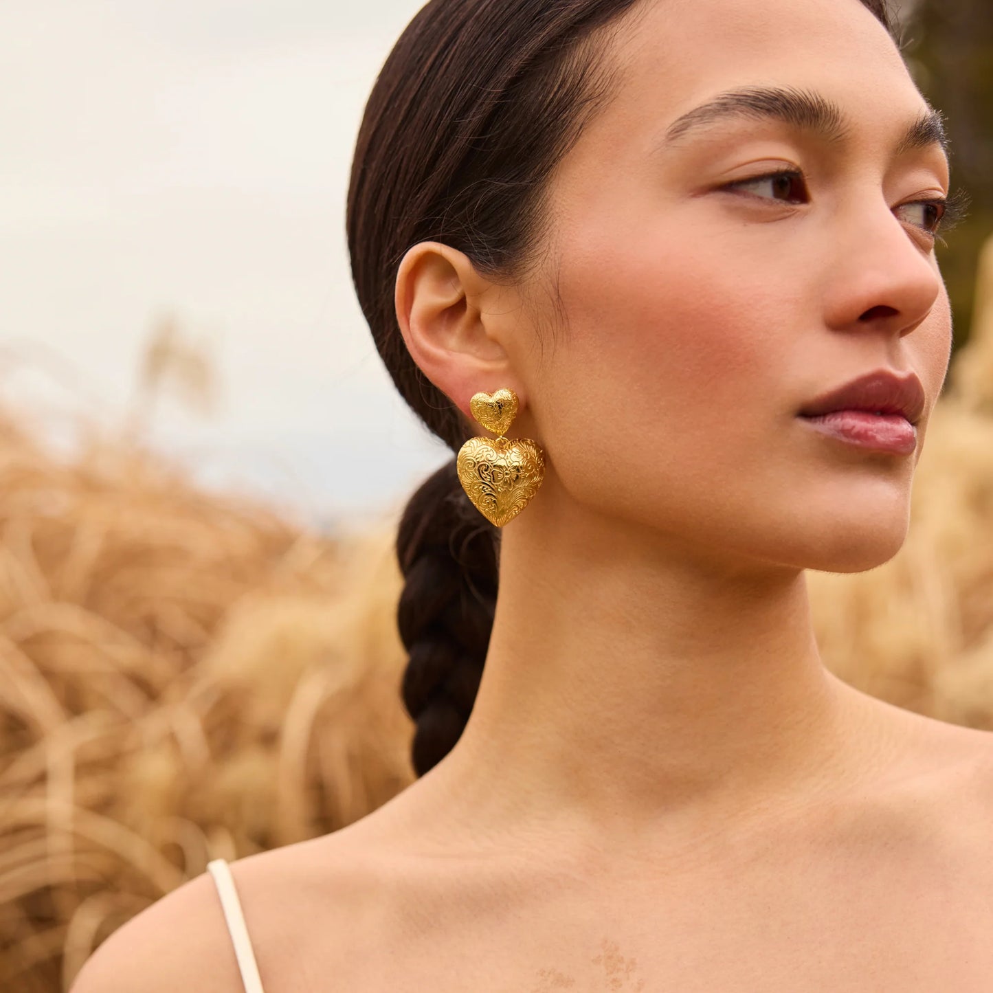 Golden Romance – Engraved Heart Statement Earrings