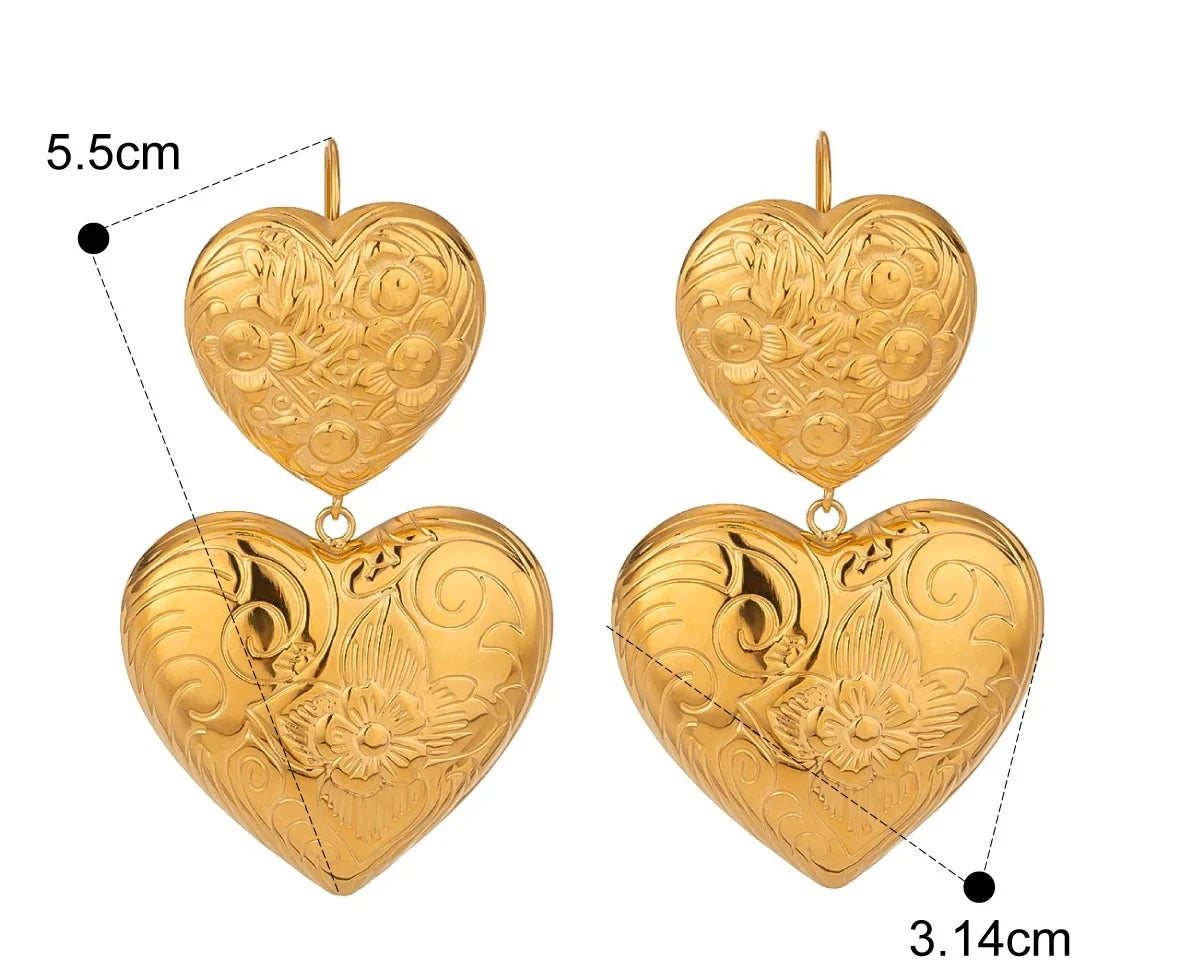 Golden Romance – Engraved Heart Statement Earrings