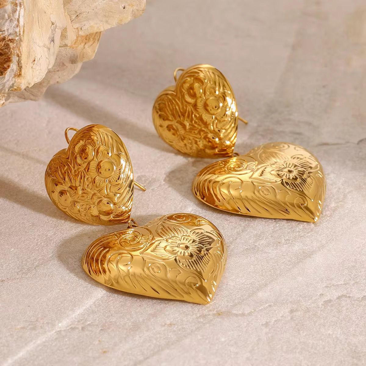 Golden Romance – Engraved Heart Statement Earrings