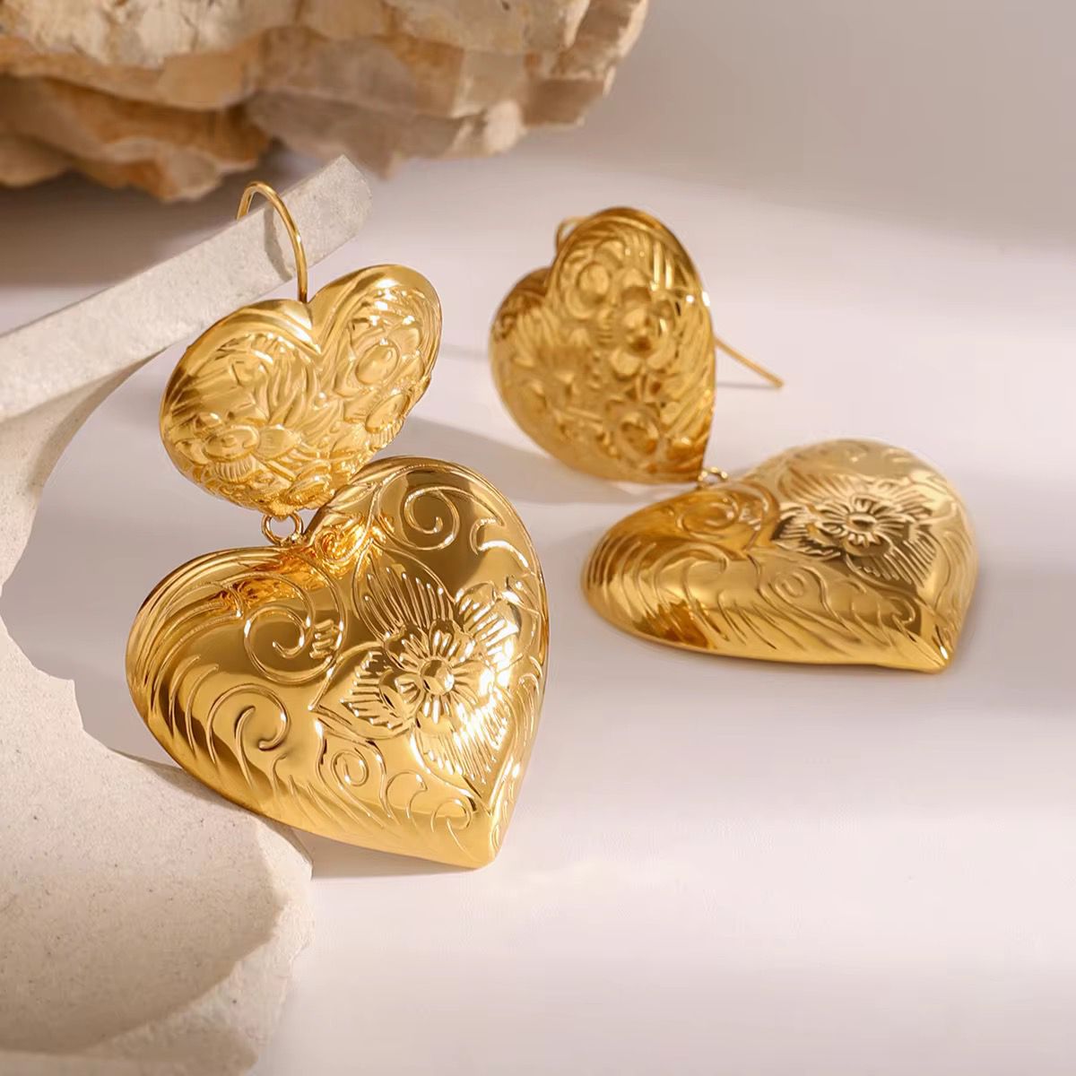 Golden Romance – Engraved Heart Statement Earrings