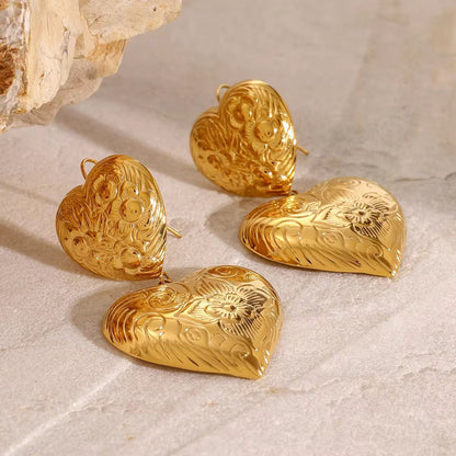 Golden Romance – Engraved Heart Statement Earrings