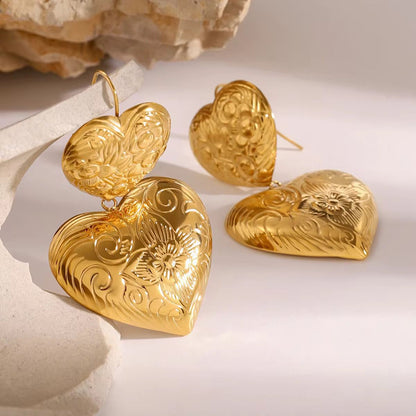 Golden Romance – Engraved Heart Statement Earrings